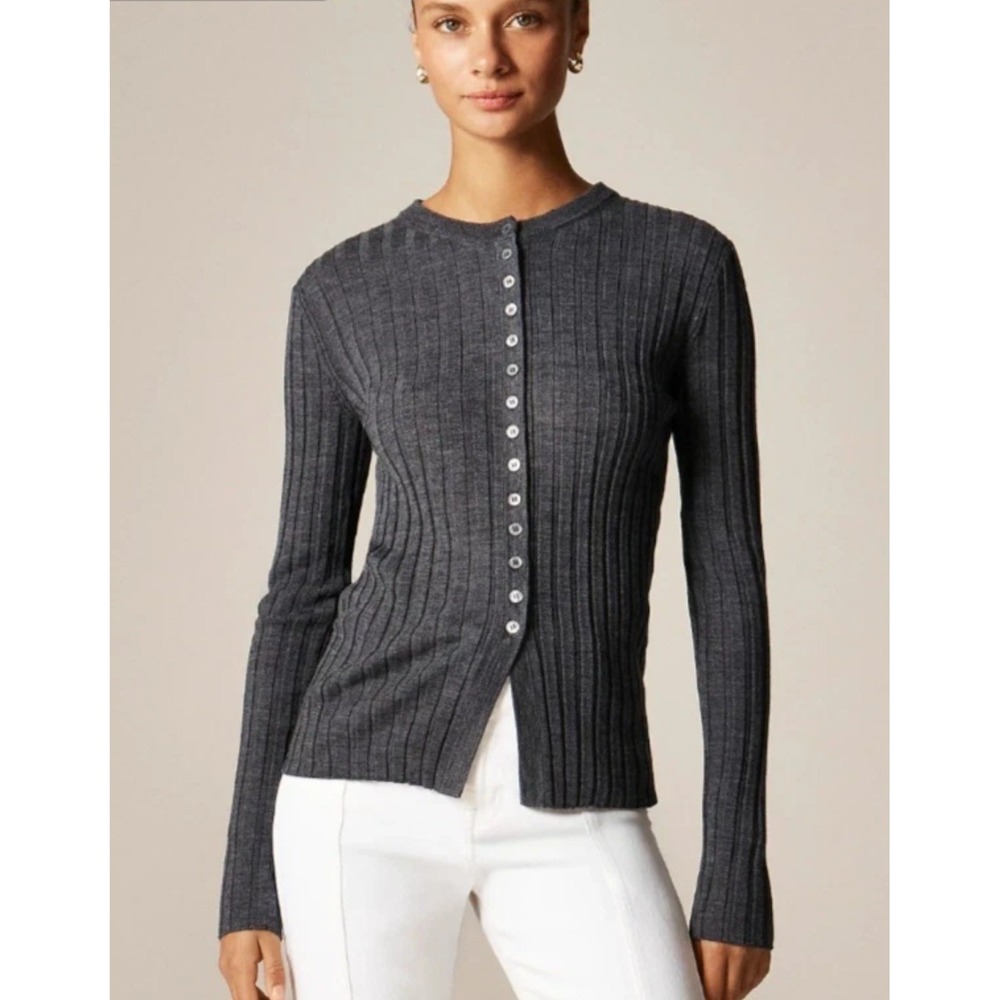 J. Crew Womens Gray Merino Wool Ribbed Knit Sweater Cardigan Top Size Medium NWT